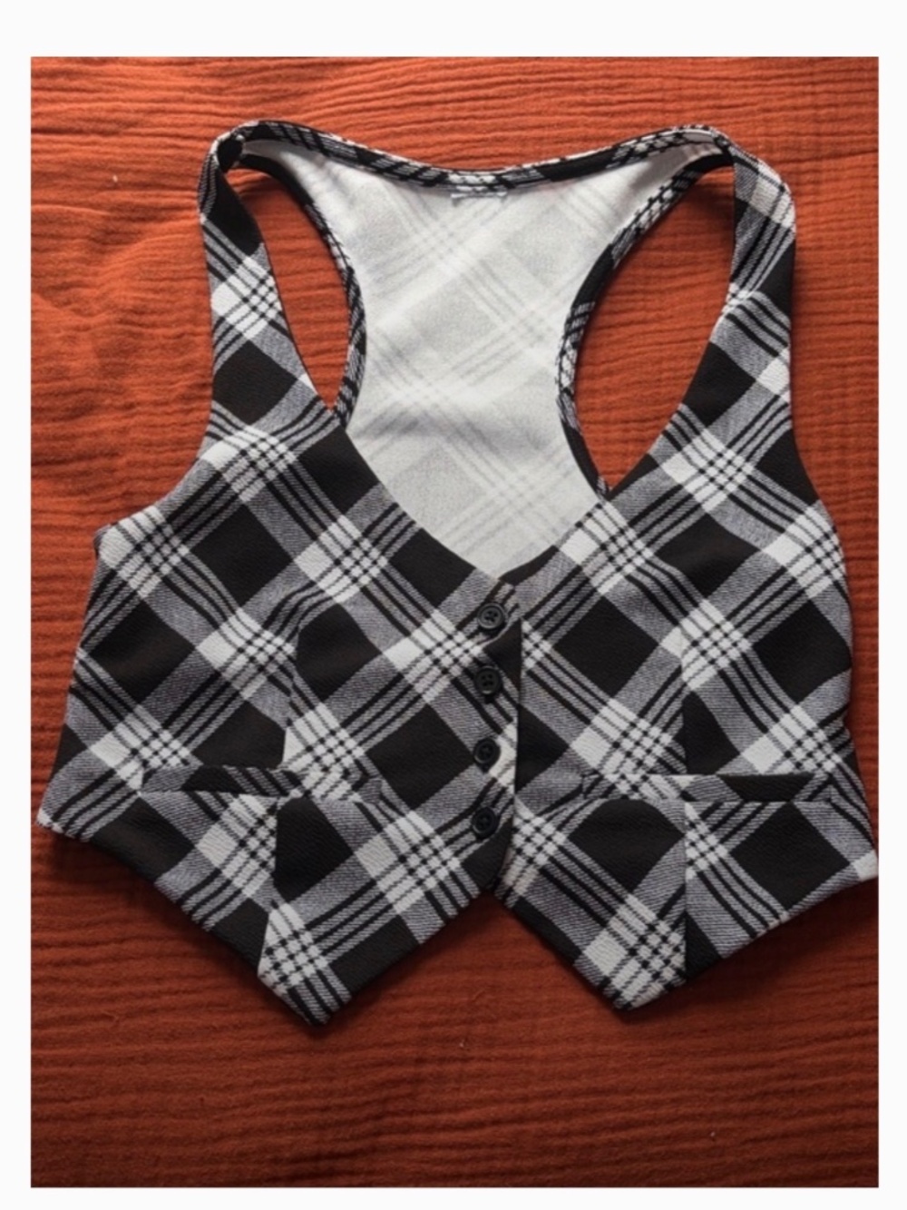 Black & White Plaid Crop Vest – Button Front, Racerback